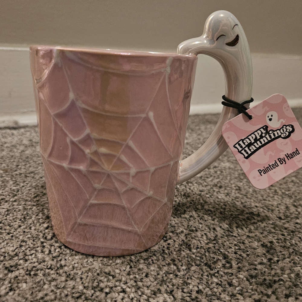 Pink Cobweb Mug with GHOST Handle Halloween Cute Iridescent